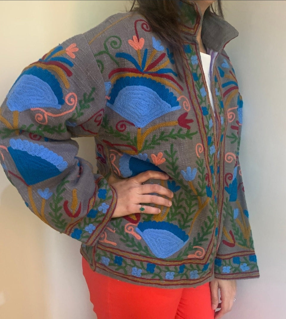 handmade green cotton Suzani boho jacket with multicoloured work