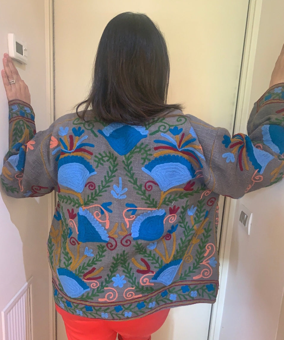 handmade green cotton Suzani boho jacket with multicoloured work