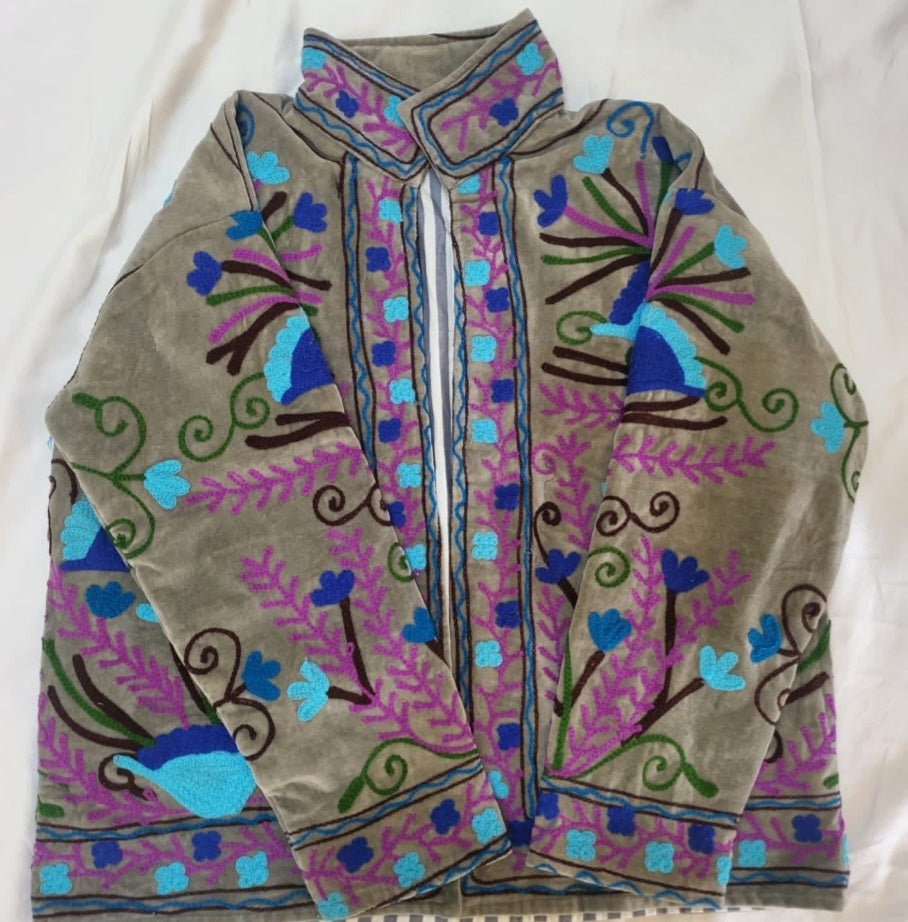 handmade grey velvet base Suzani boho jacket with TNT cotton lining