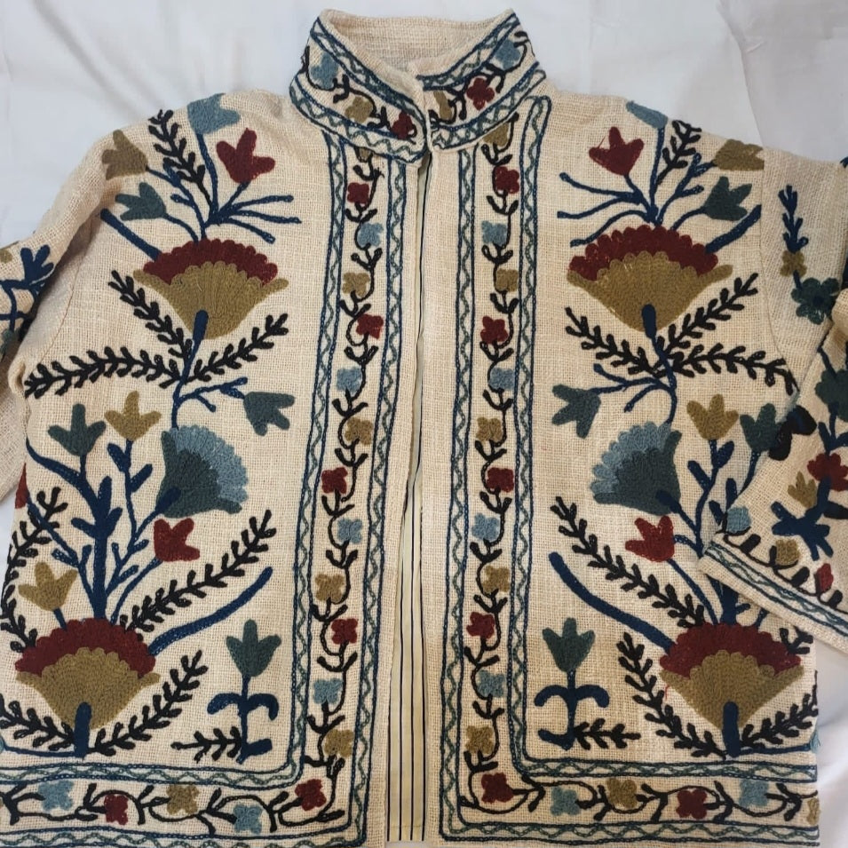 White handmade Suzani boho jacket multicoloured coat