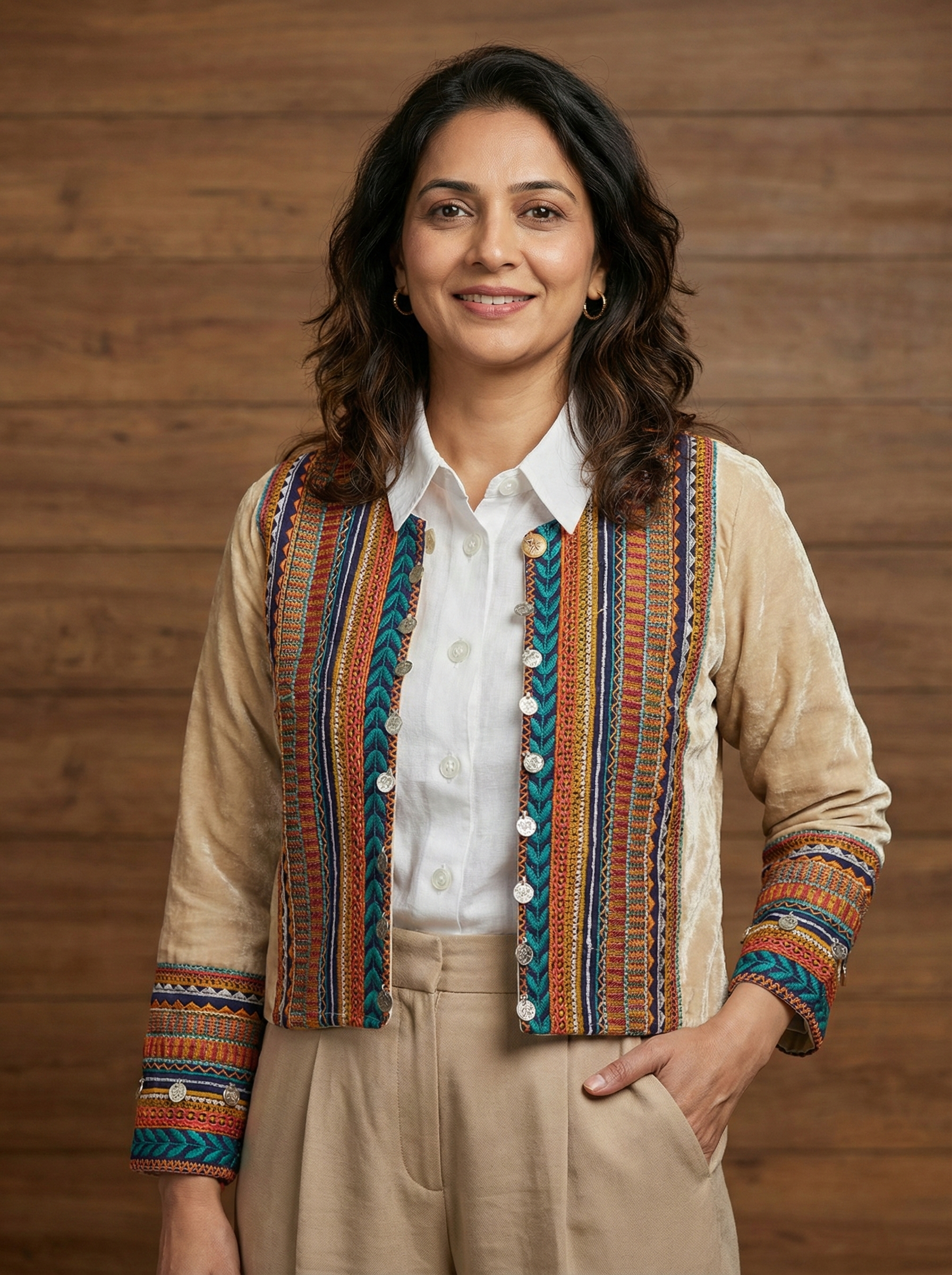 Woman wearing a colorful patterned jacket over a white shirt with a wooden background
