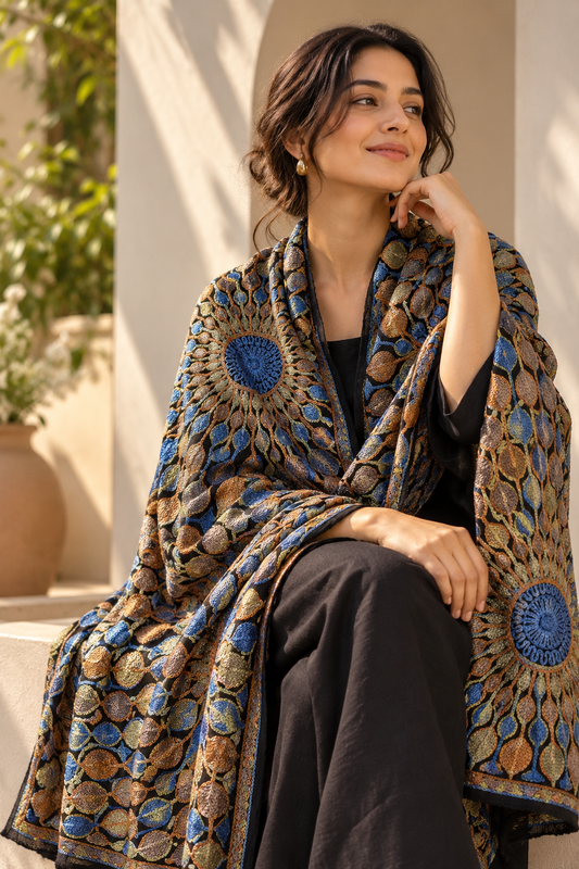 Kashmiri Embroidered Wool Shawl | Peacock Aari Work Shawl
