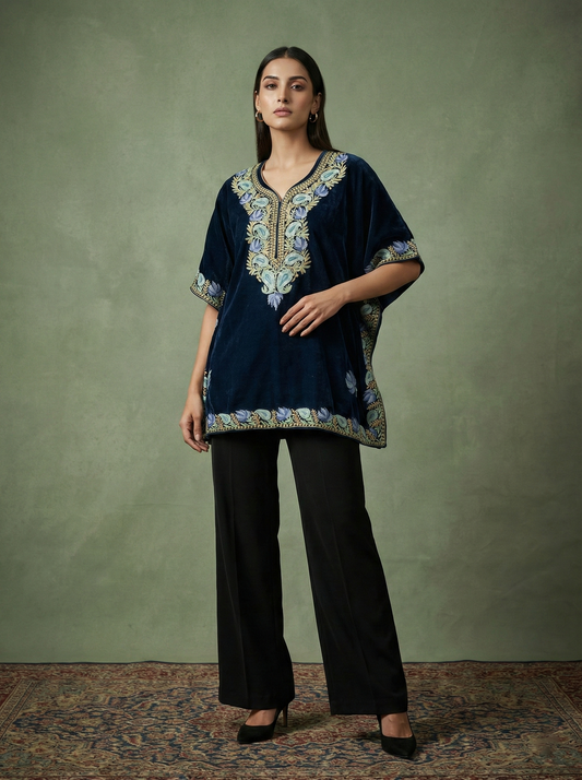 Velvet Cape Shawl with Multicolour Kashmiri Embroidery