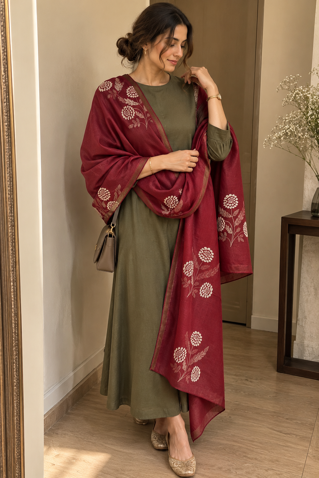 Golden Zari Embroidered Silk Stole in Red Wine & Gold | Two-Tone Lightweight Scarf for Women