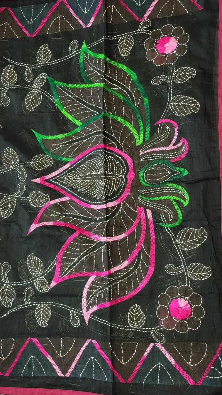 Hand Embroidered black cotton Kantha Scarf/dupatta very elegant and beautiful with floral kantha embroidered work