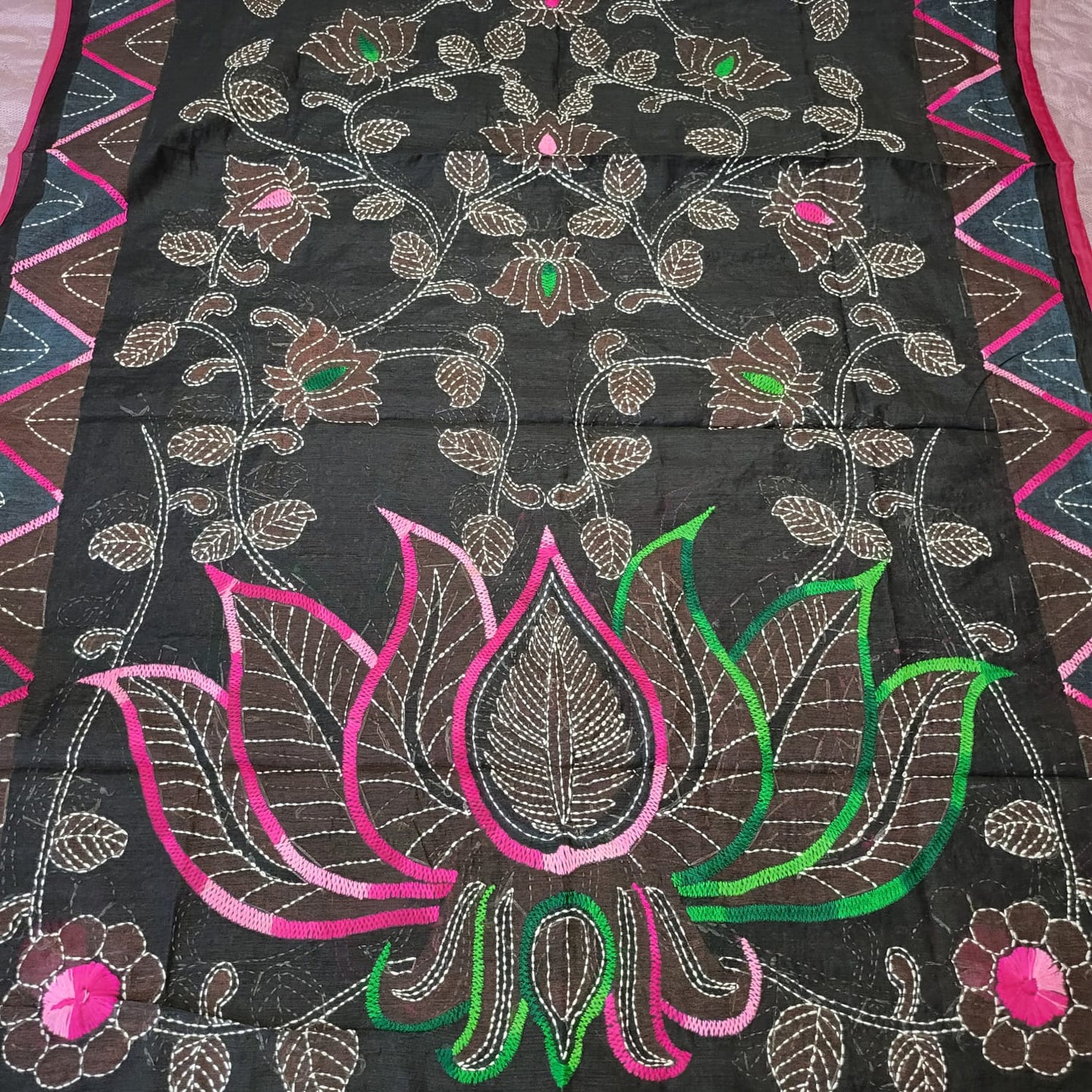 Hand Embroidered black cotton Kantha Scarf/dupatta very elegant and beautiful with floral kantha embroidered work