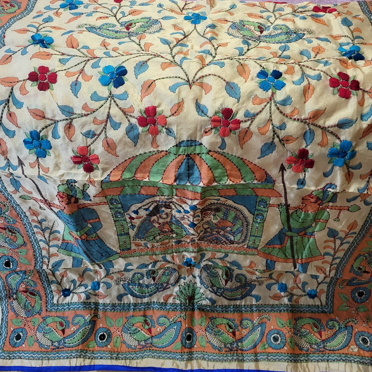 Hand Embroidered Tussar Silk Kantha Scarf/dupatta very elegant palanquin and floral design