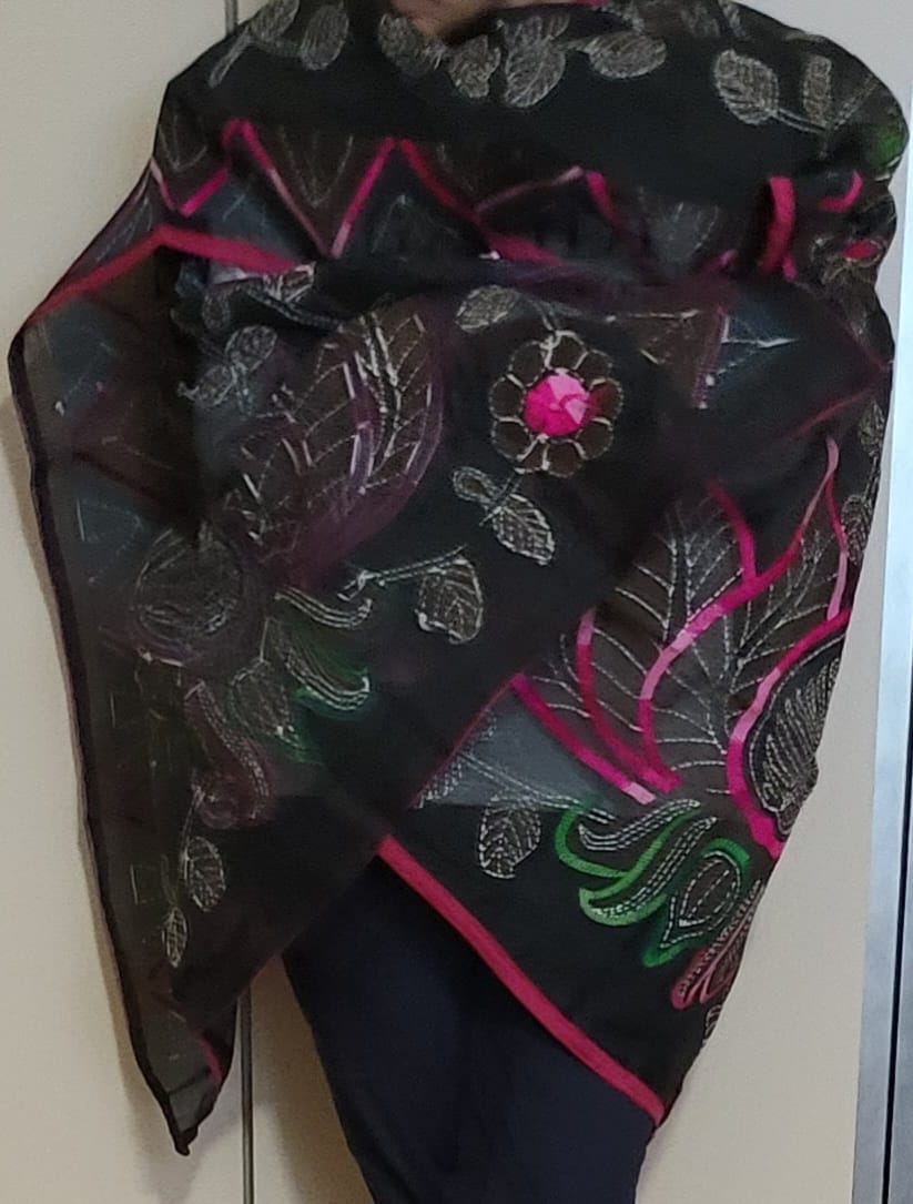 Hand Embroidered black cotton Kantha Scarf/dupatta very elegant and beautiful with floral kantha embroidered work