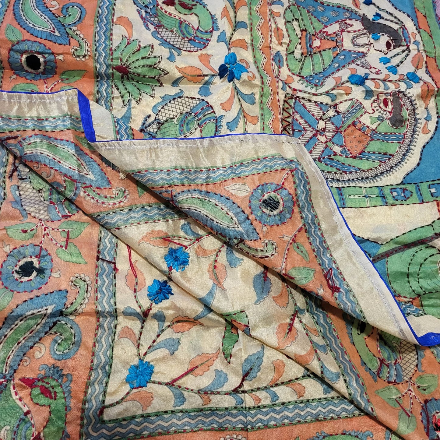 Hand Embroidered Tussar Silk Kantha Scarf/dupatta very elegant palanquin and floral design