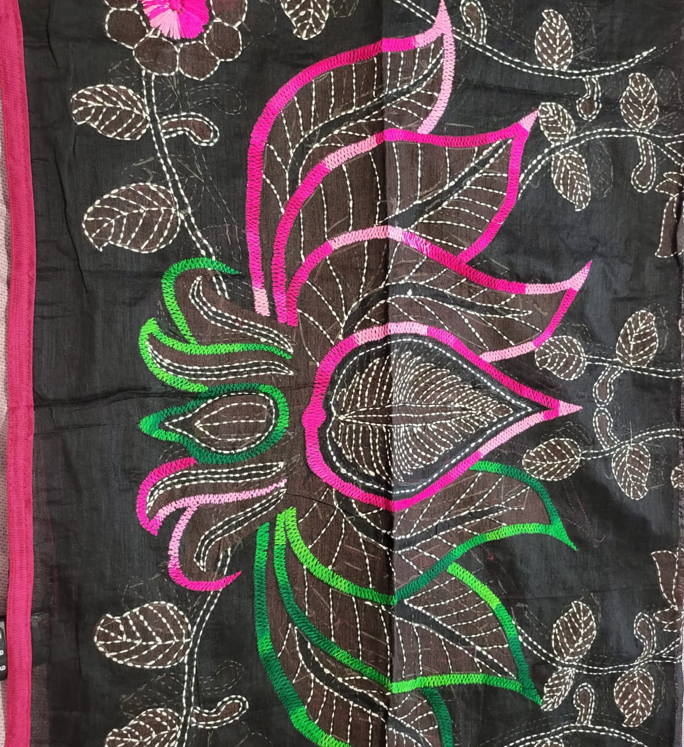 Hand Embroidered black cotton Kantha Scarf/dupatta very elegant and beautiful with floral kantha embroidered work