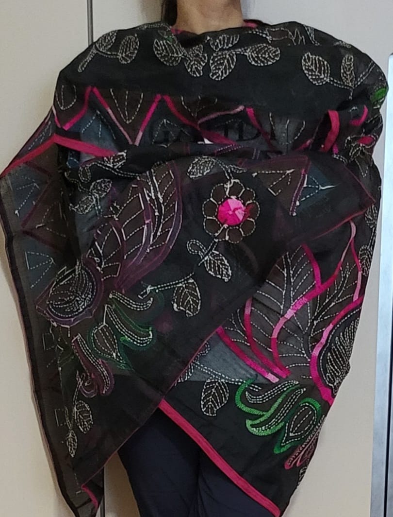 Hand Embroidered black cotton Kantha Scarf/dupatta very elegant and beautiful with floral kantha embroidered work