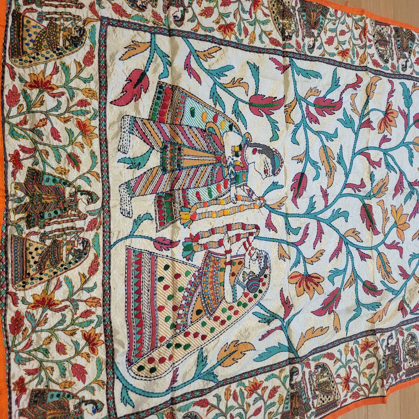 Hand Embroidered Tussar Silk Kantha Scarf/dupatta very elegant and beautiful with king and queen Wedding scene in kantha embroidered work