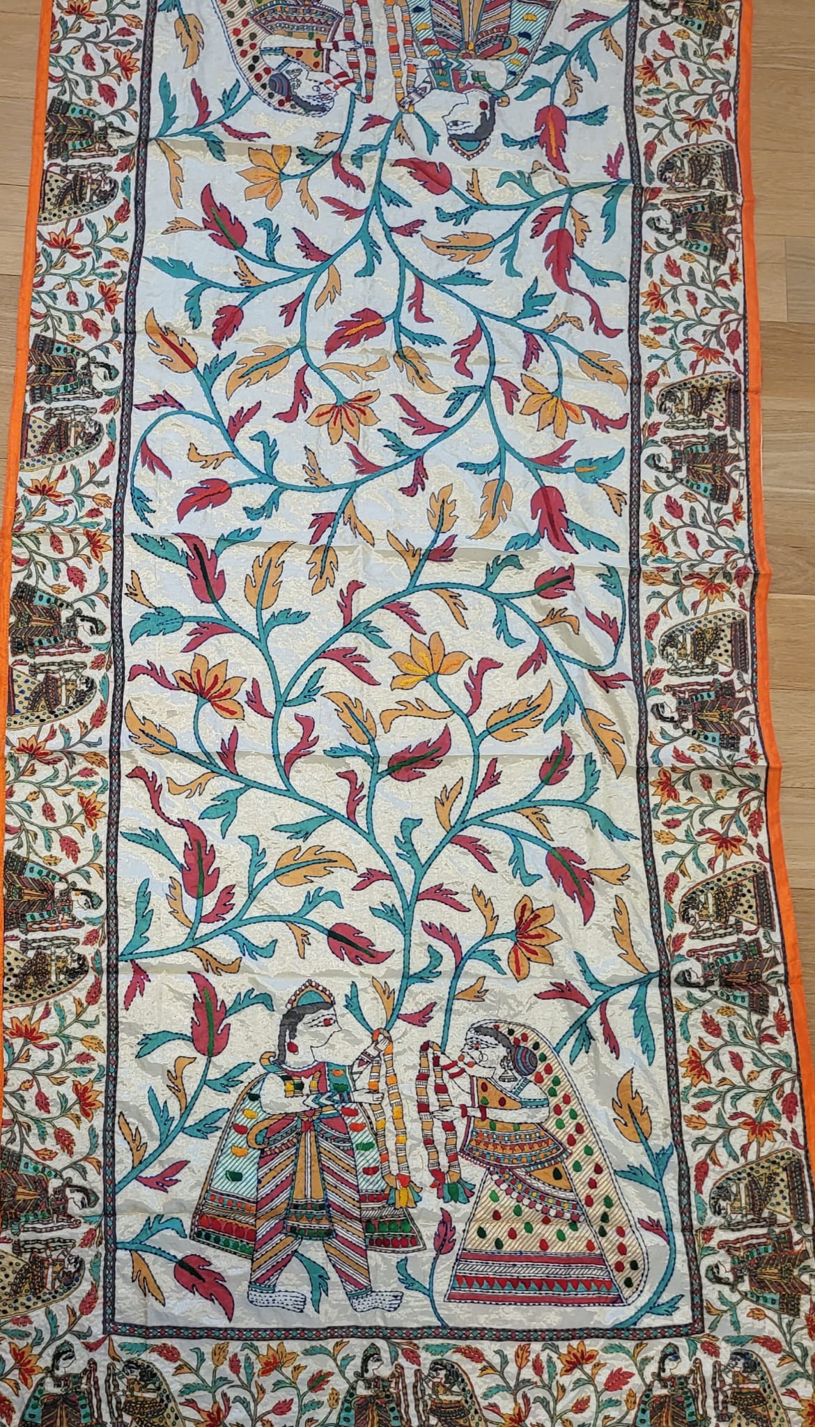 Hand Embroidered Tussar Silk Kantha Scarf/dupatta very elegant and beautiful with king and queen Wedding scene in kantha embroidered work