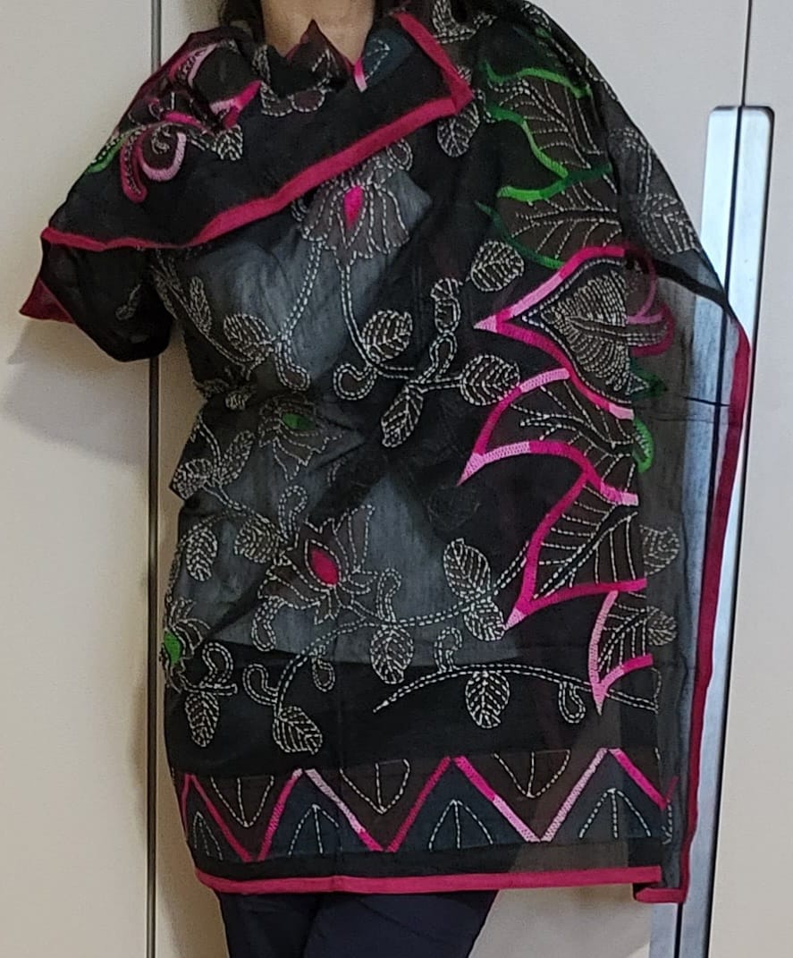 Hand Embroidered black cotton Kantha Scarf/dupatta very elegant and beautiful with floral kantha embroidered work