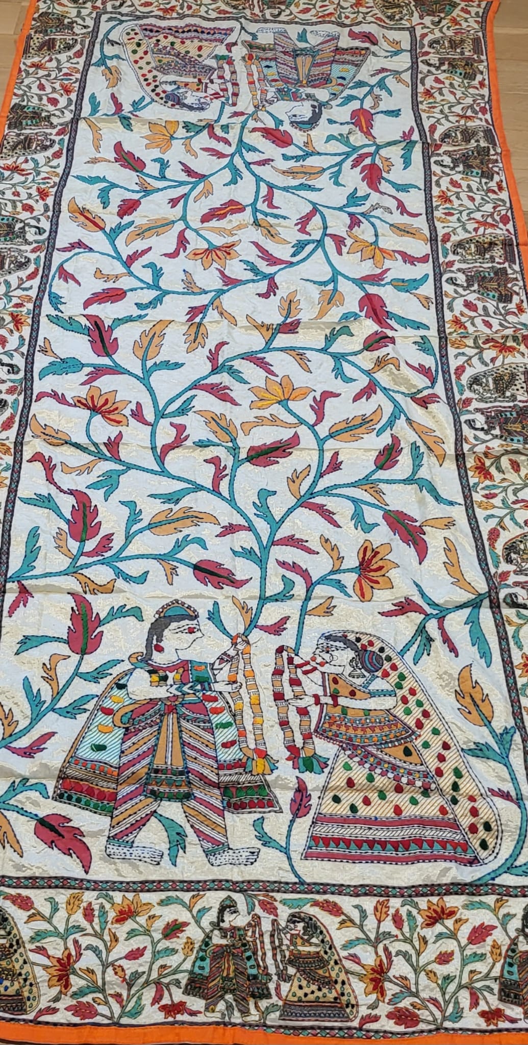 Hand Embroidered Tussar Silk Kantha Scarf/dupatta very elegant and beautiful with king and queen Wedding scene in kantha embroidered work