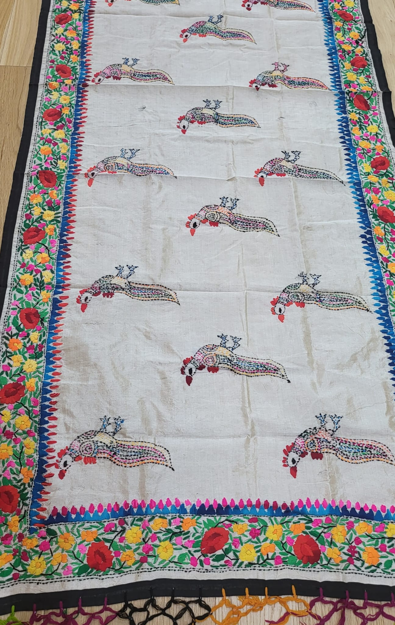 Hand Embroidered Tussar Silk Kantha Scarf/dupatta very elegant cream colour in bird design multicolour thread fine kantha work