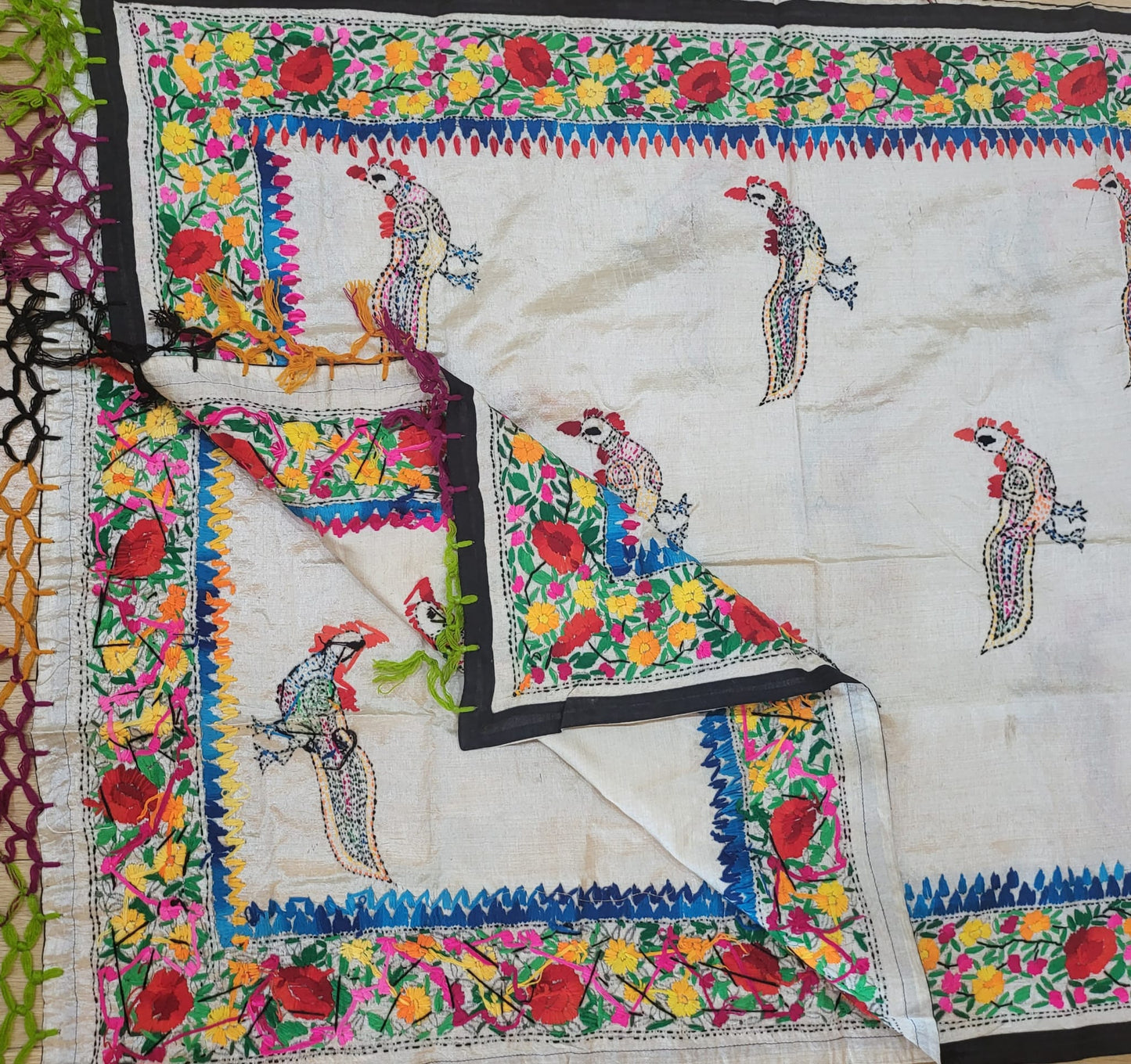 Hand Embroidered Tussar Silk Kantha Scarf/dupatta very elegant cream colour in bird design multicolour thread fine kantha work