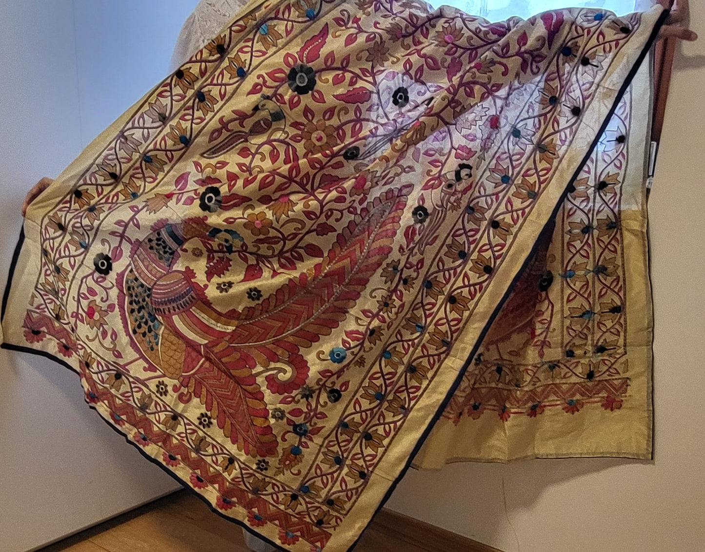 Hand Embroidered Tussar Silk Kantha shawl dupatta peacock design