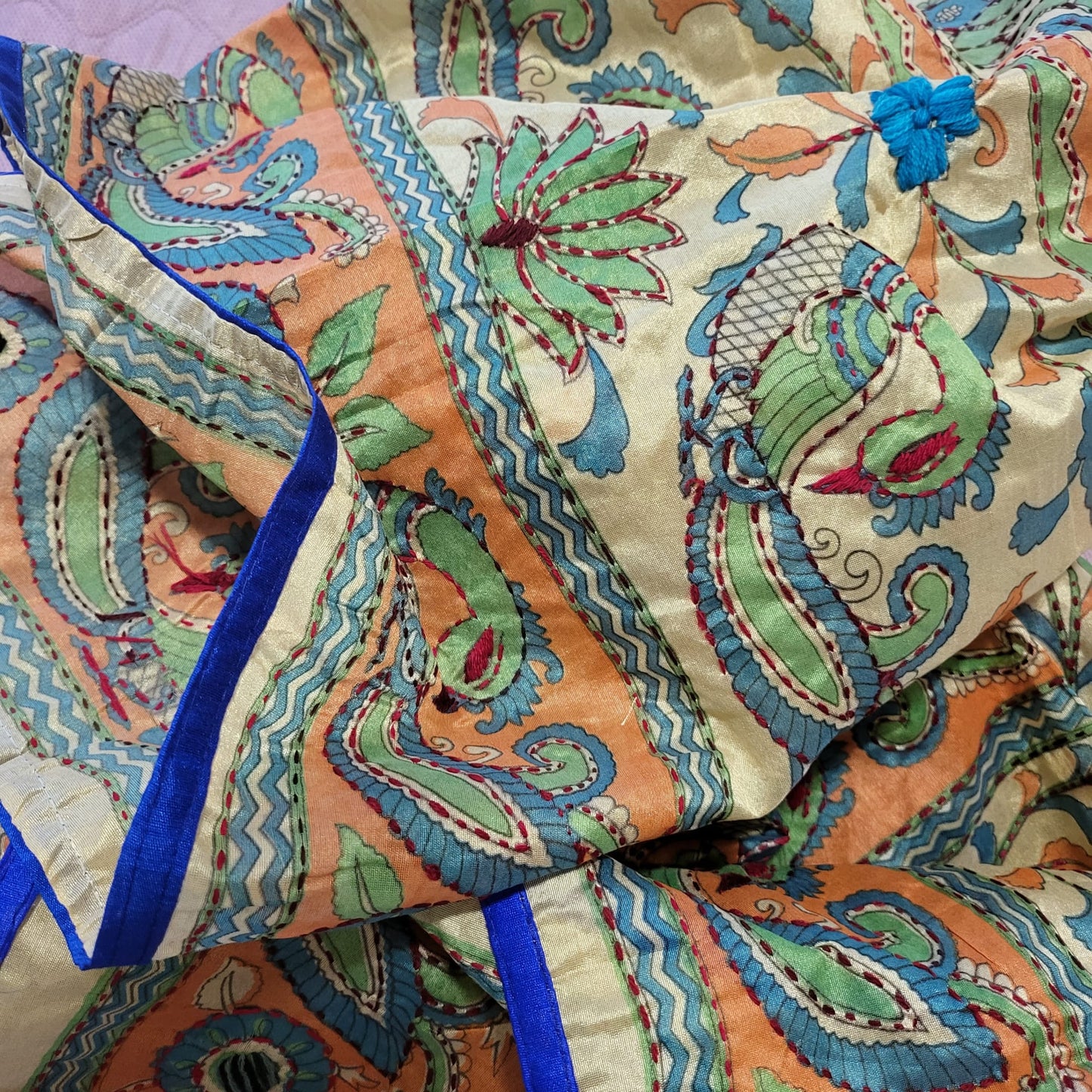 Hand Embroidered Tussar Silk Kantha Scarf/dupatta very elegant palanquin and floral design