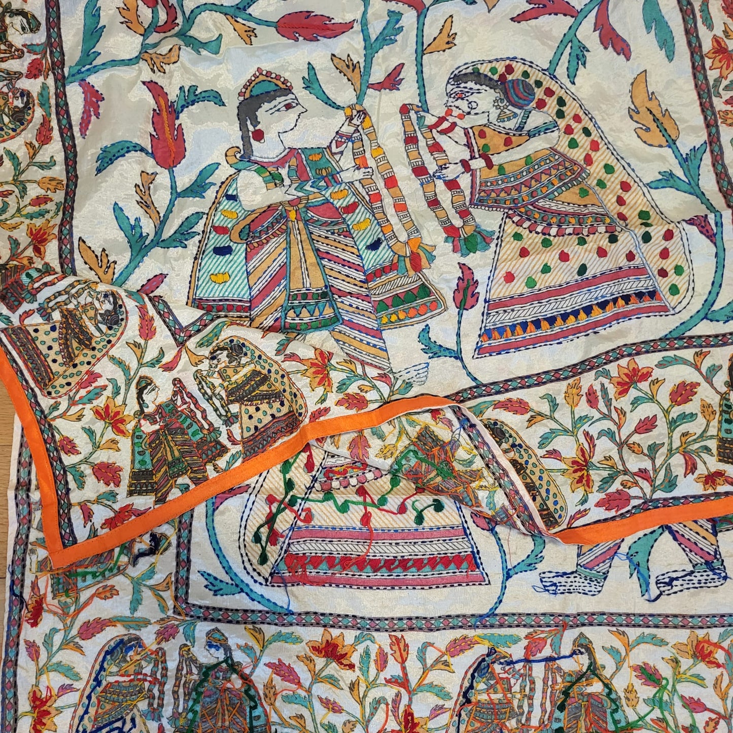 Hand Embroidered Tussar Silk Kantha Scarf/dupatta very elegant and beautiful with king and queen Wedding scene in kantha embroidered work