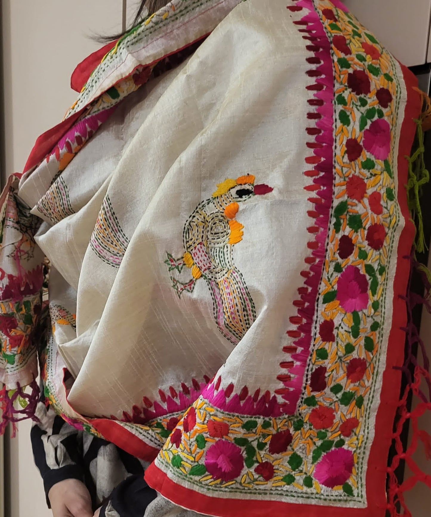 Hand Embroidered Tussar Silk Kantha Scarf/dupatta very elegant cream colour with multicolour thread kantha work