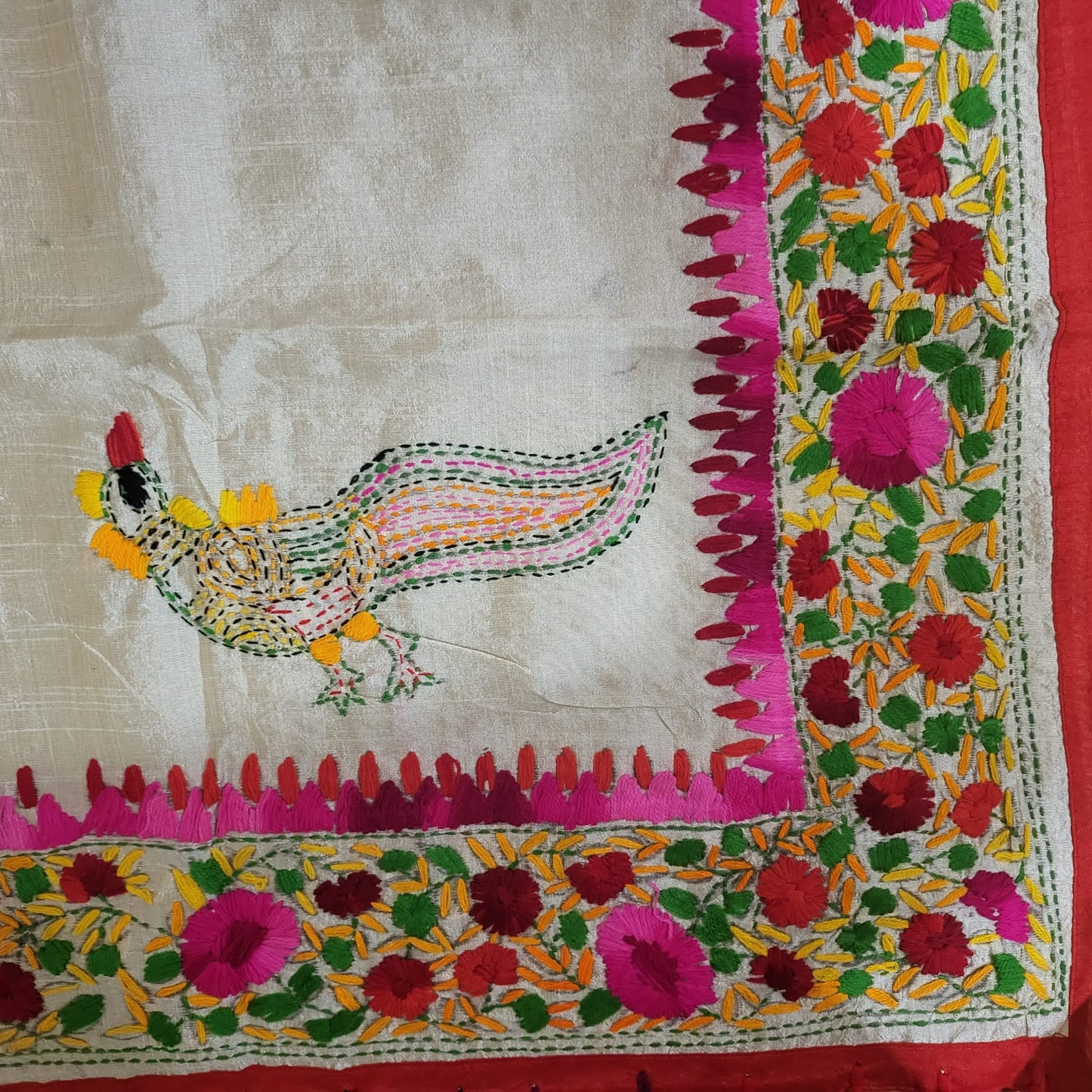 Hand Embroidered Tussar Silk Kantha Scarf/dupatta very elegant cream colour with multicolour thread kantha work