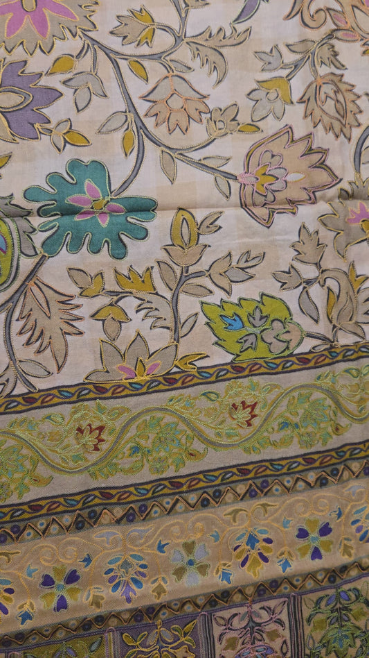 Embroidered Pashmina-Style Wool Shawl in Vibrant Green | Painted-Look Digital Embroidery Kashmiri Shawl