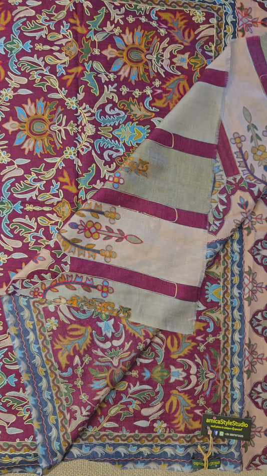 Embroidered Pashmina-Style Wool Shawl in Maroon | Multicolour Floral Digital Embroidery Painted-Look Shawl