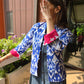 Indian Handmade Kantha Reversible Short Length  All Season Bohemian Jacket Ikkat print Pink/Blue