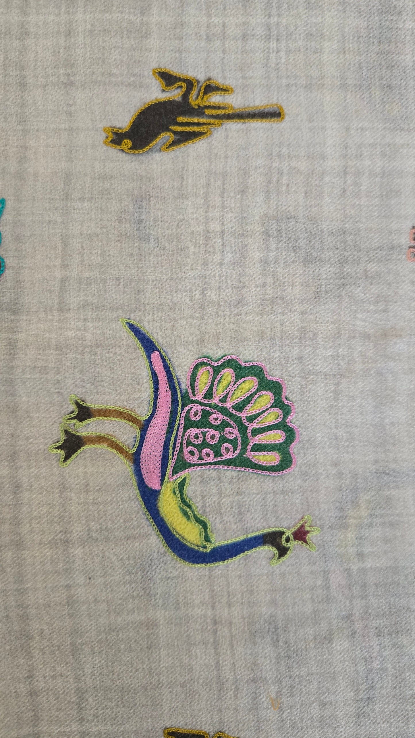 Artisan made  embroidered Pashmina wool Shawl:  digital embroidery with peacock figures
