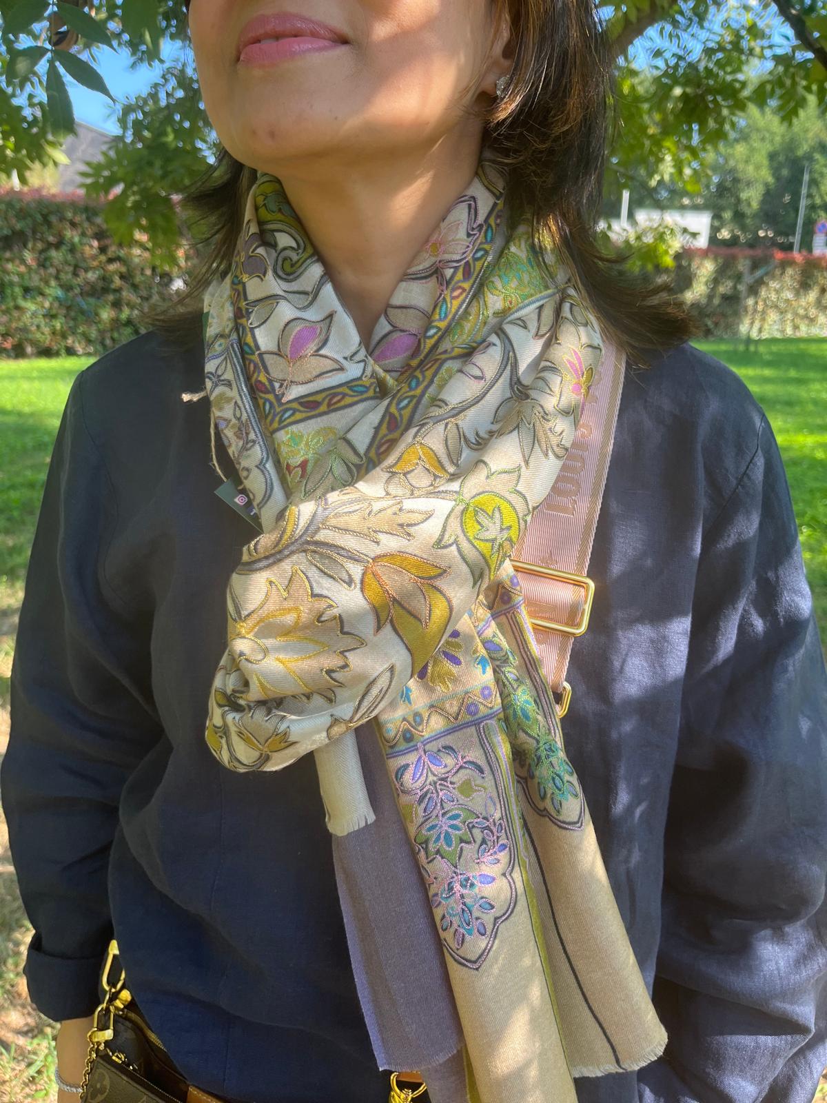 Embroidered Pashmina-Style Wool Shawl in Vibrant Green | Painted-Look Digital Embroidery Kashmiri Shawl