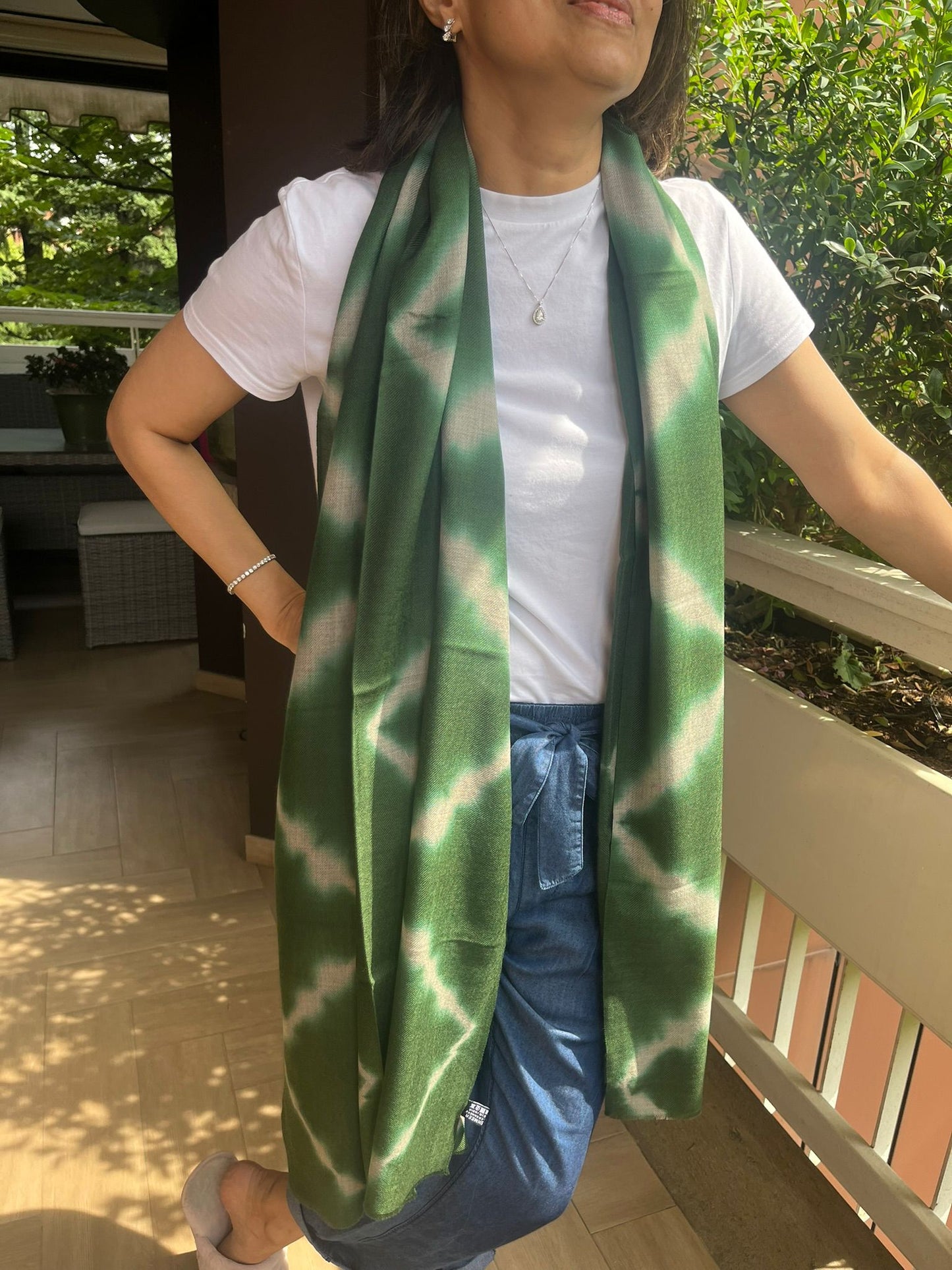 Olive Heritage: Cream & Green Woven Tie-and-Dye Pashmina Shawl