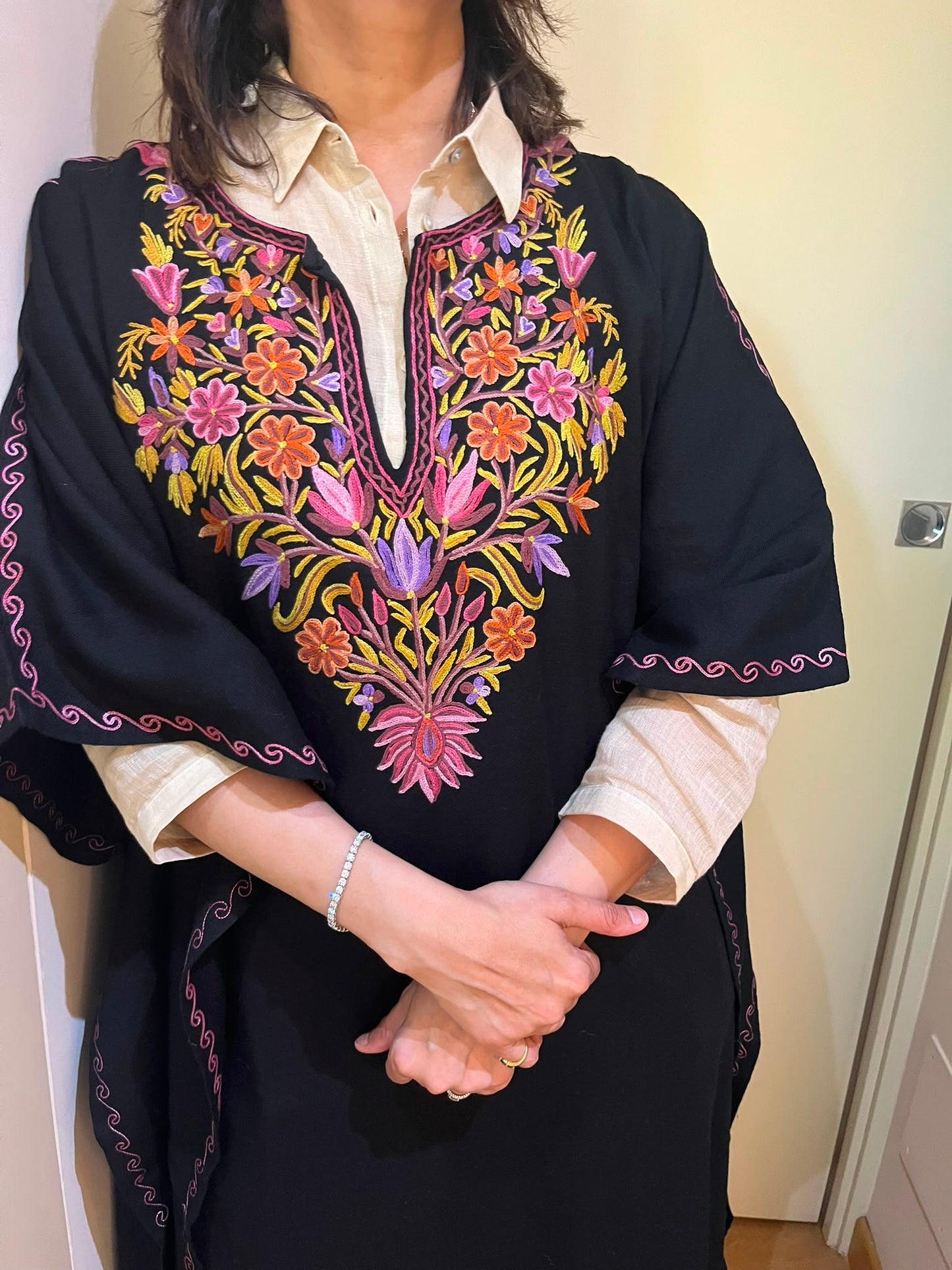 Handmade black Kashmiri Embroidered Wool Poncho Cape: Bohemian Kaftan (125 cm)