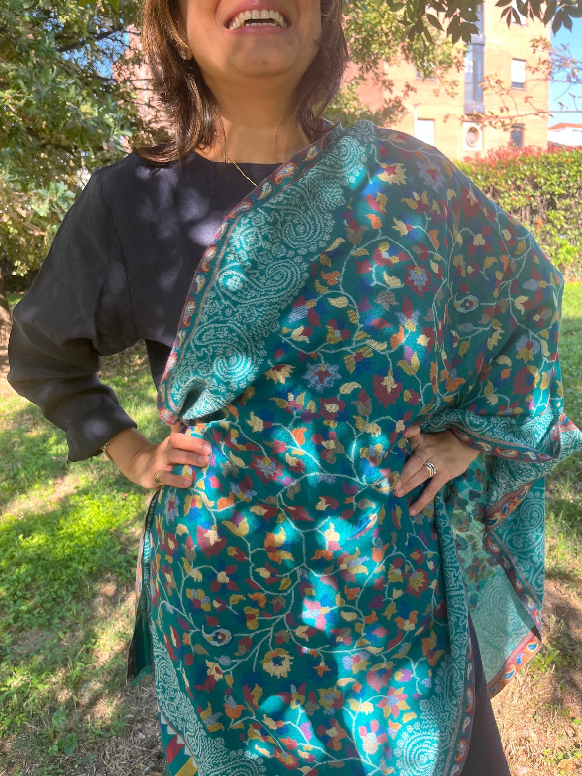 Artisan Made Kani Weave Paisley Shawl in Sea Green | Kashmiri Wool Pashmina-Style Scarf with Multicolour Flowers