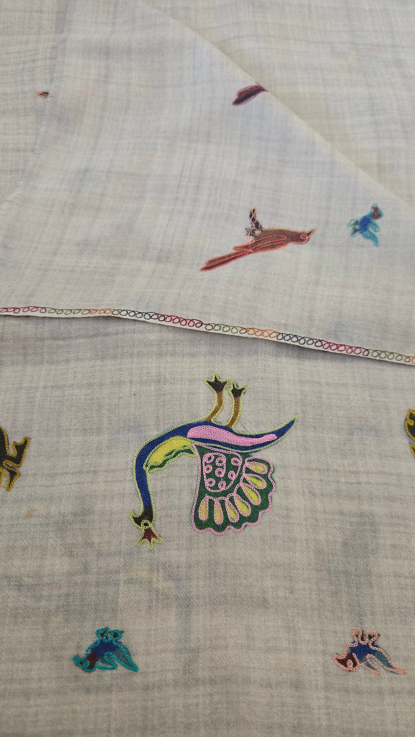 Artisan made  embroidered Pashmina wool Shawl:  digital embroidery with peacock figures