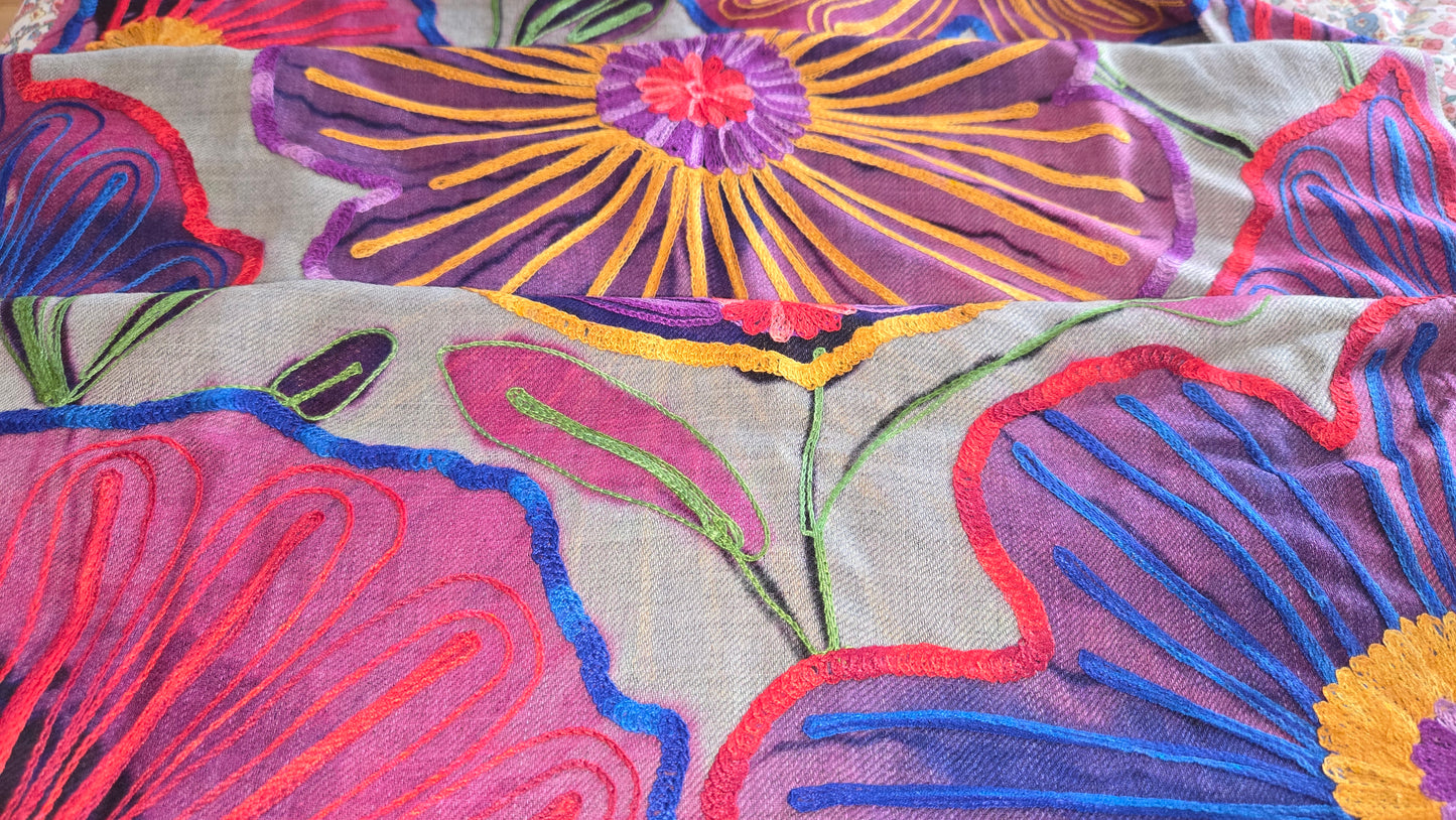 Pashmina  Wool Shawl Hand painted Embroidered Kashmir | Folk ArtWrap | Wedding Gift Heirloom Textile