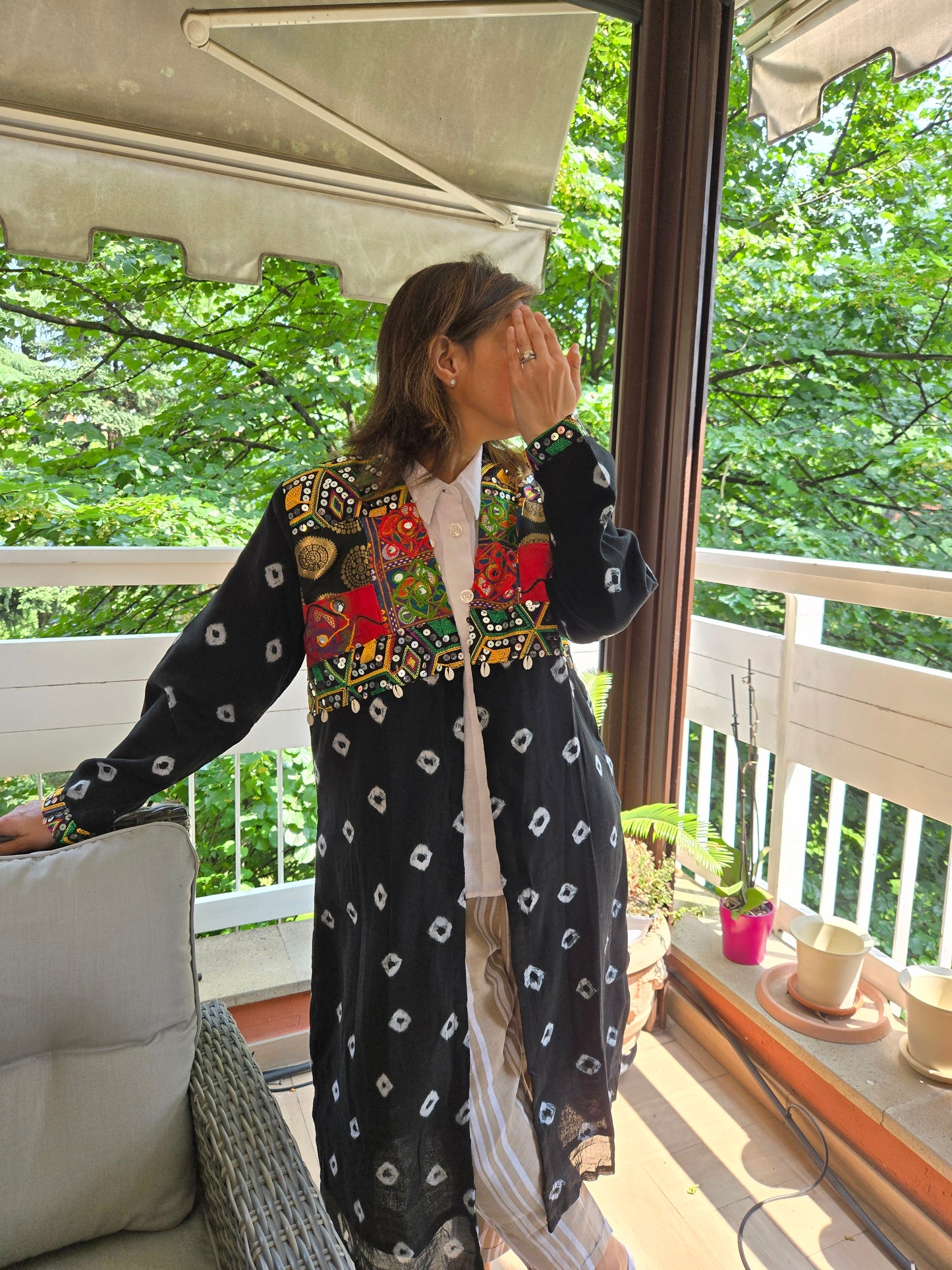 Black Cotton bandhej and patchwork Shrug with hand Embroidery, Long Embroidered  fusion wear for Women