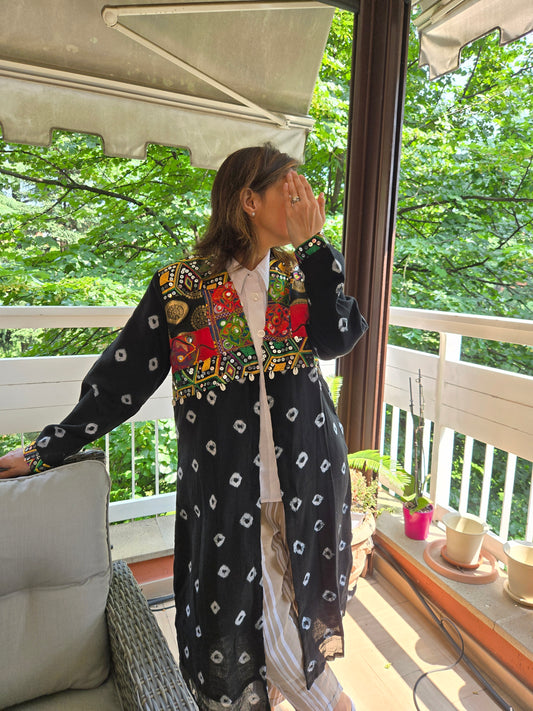 Black Cotton bandhej and patchwork Shrug with hand Embroidery, Long Embroidered  fusion wear for Women