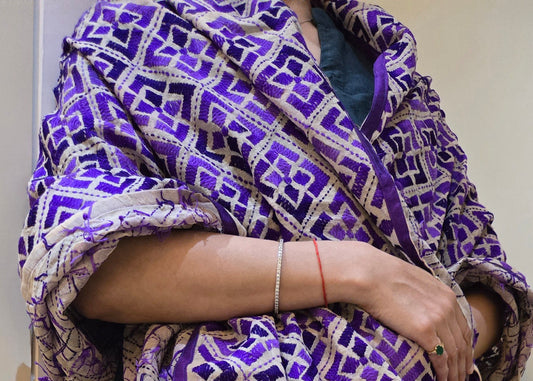 Handmade elegant Phulakari dupatta in purple colour thread work in pure cotton base traditionally made by rural Indian women of Punjab India