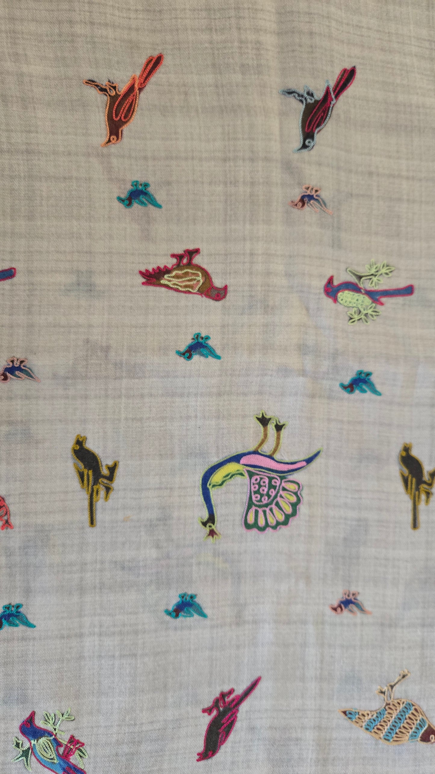 Artisan made  embroidered Pashmina wool Shawl:  digital embroidery with peacock figures