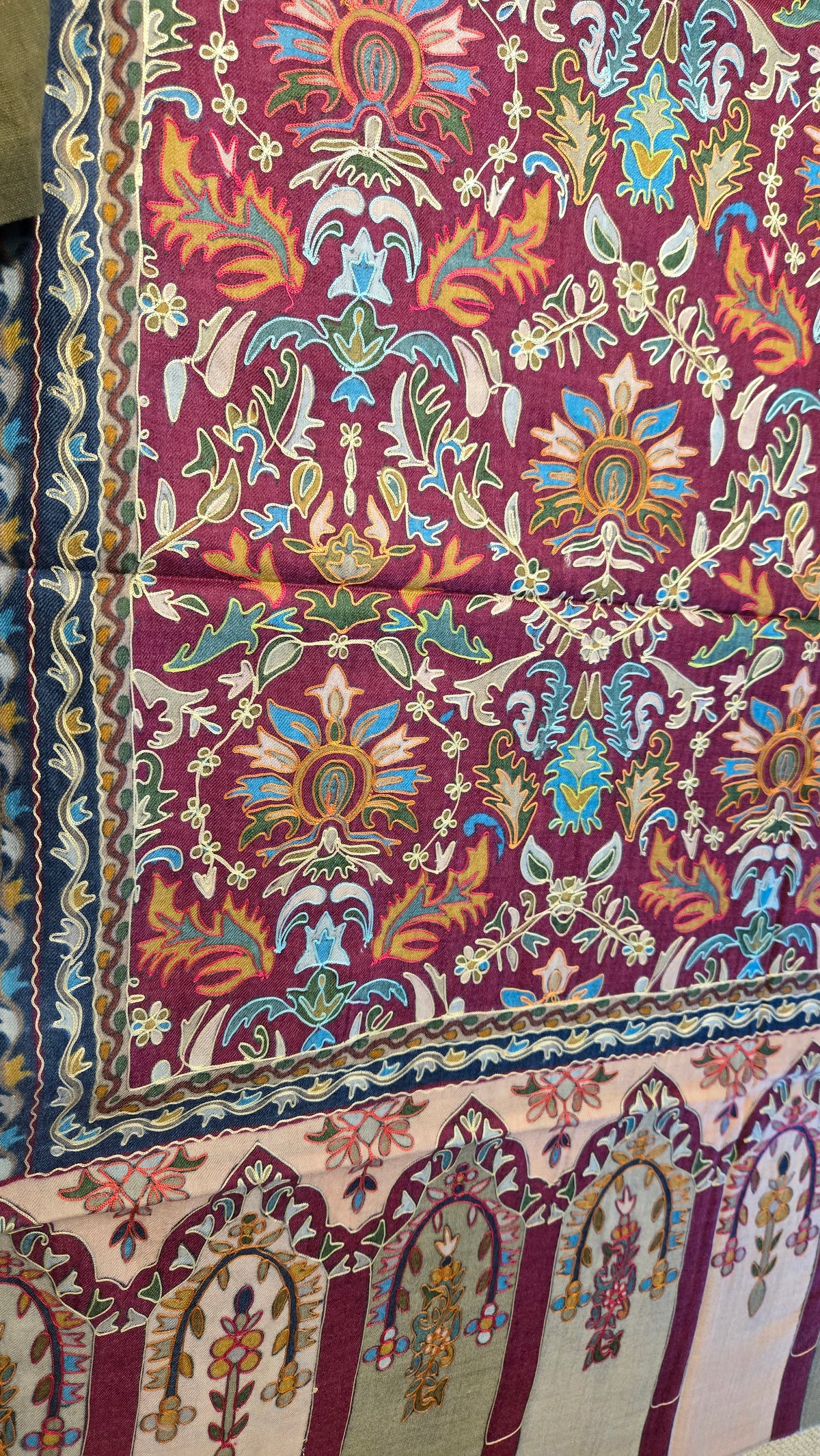Embroidered Pashmina-Style Wool Shawl in Maroon | Multicolour Floral Digital Embroidery Painted-Look Shawl