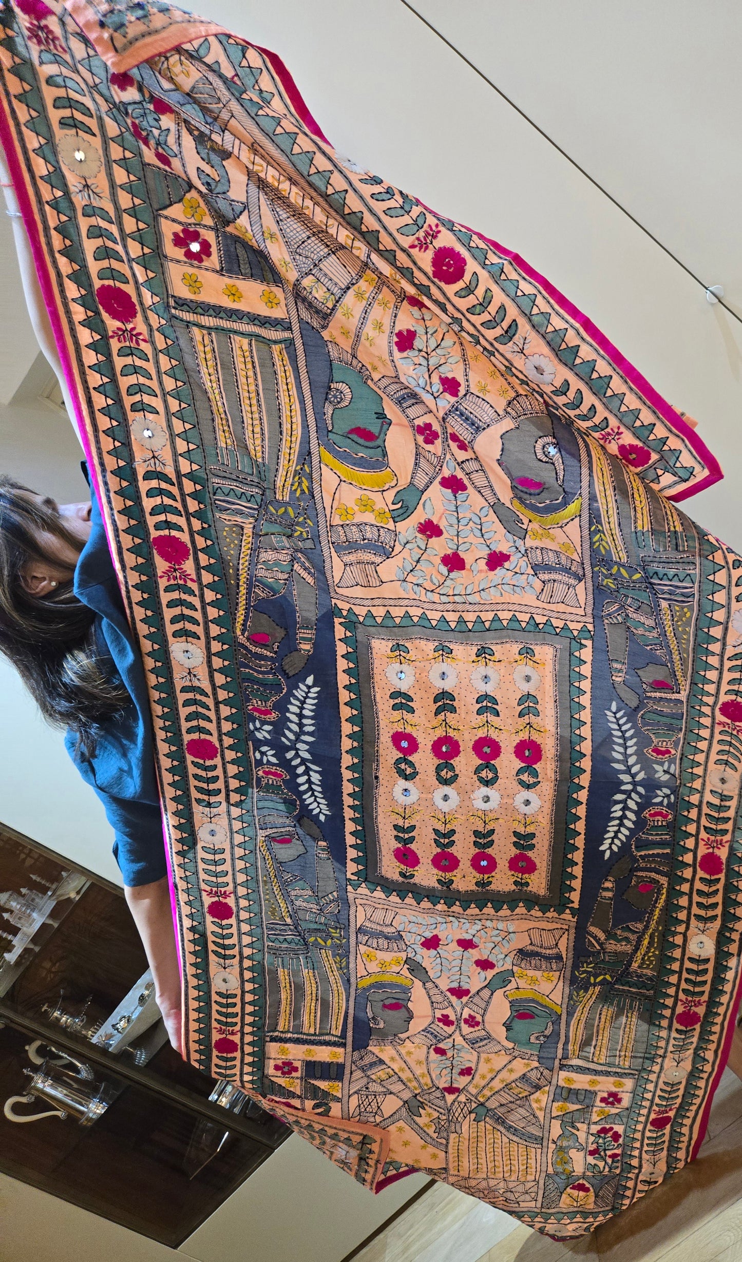 Handmade kantha dupatta shawl soft cotton hand embroidered figure and   floral work shawl/ foulard/scarf /stole for spring summer collection