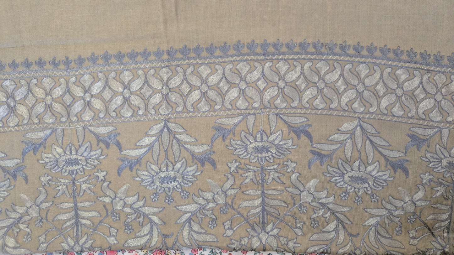 Hand Finished Woven Scarf: beige and light blue Kanni  Pashmina Feel
