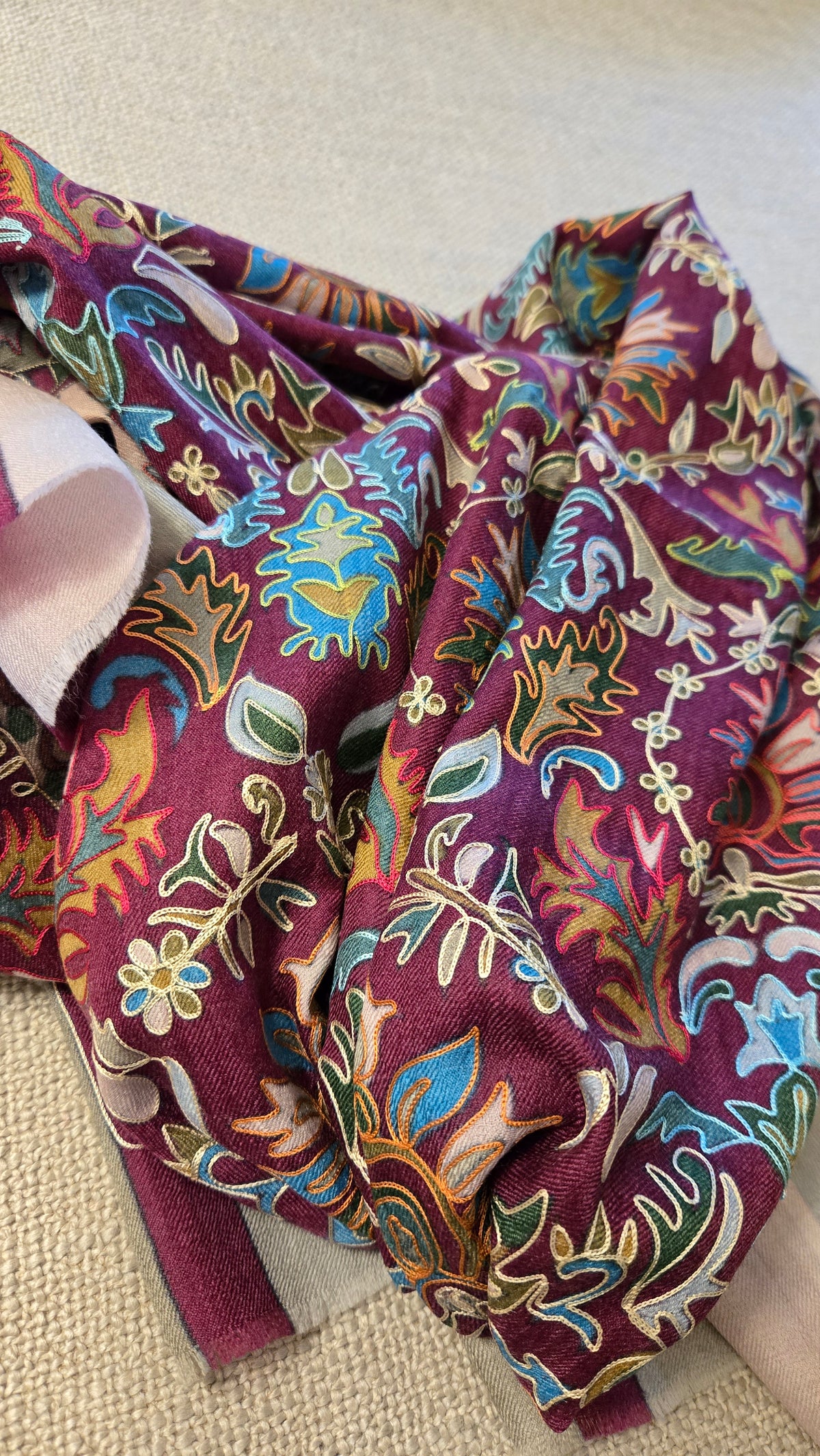 Embroidered Pashmina-Style Wool Shawl in Maroon | Multicolour Floral Digital Embroidery Painted-Look Shawl