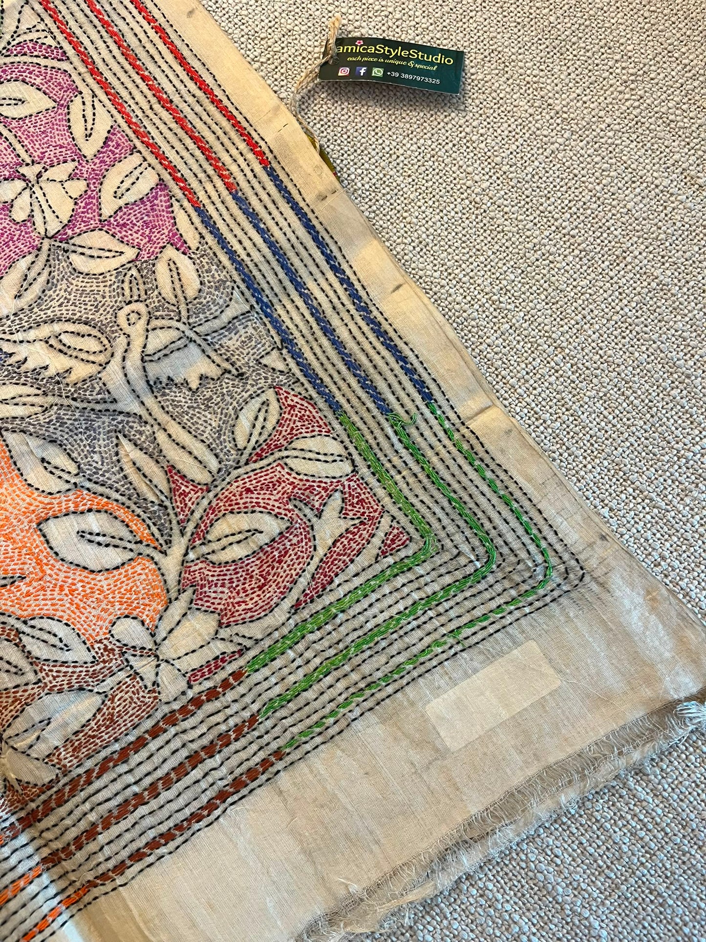 Hand-Embroidered Tusar Silk Stole: Hand-Painted Kantha Stitch
