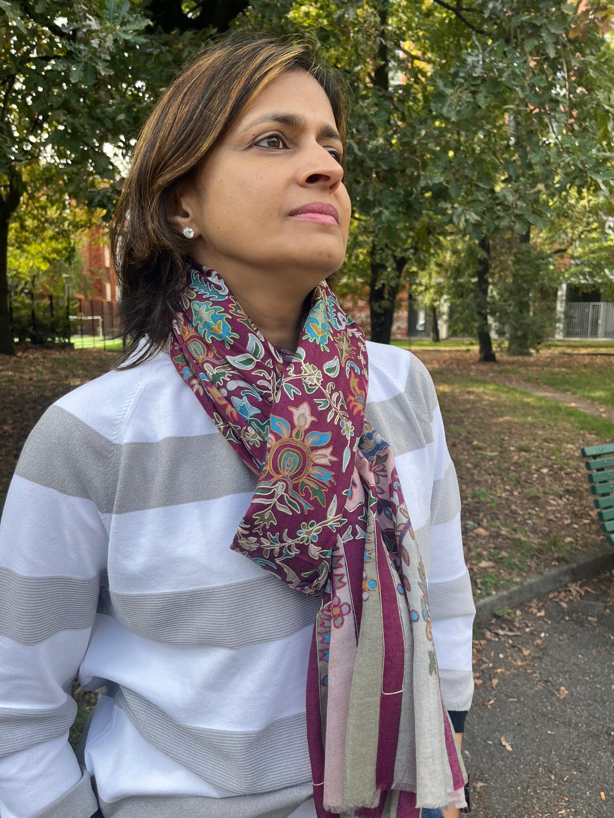 Embroidered Pashmina-Style Wool Shawl in Maroon | Multicolour Floral Digital Embroidery Painted-Look Shawl