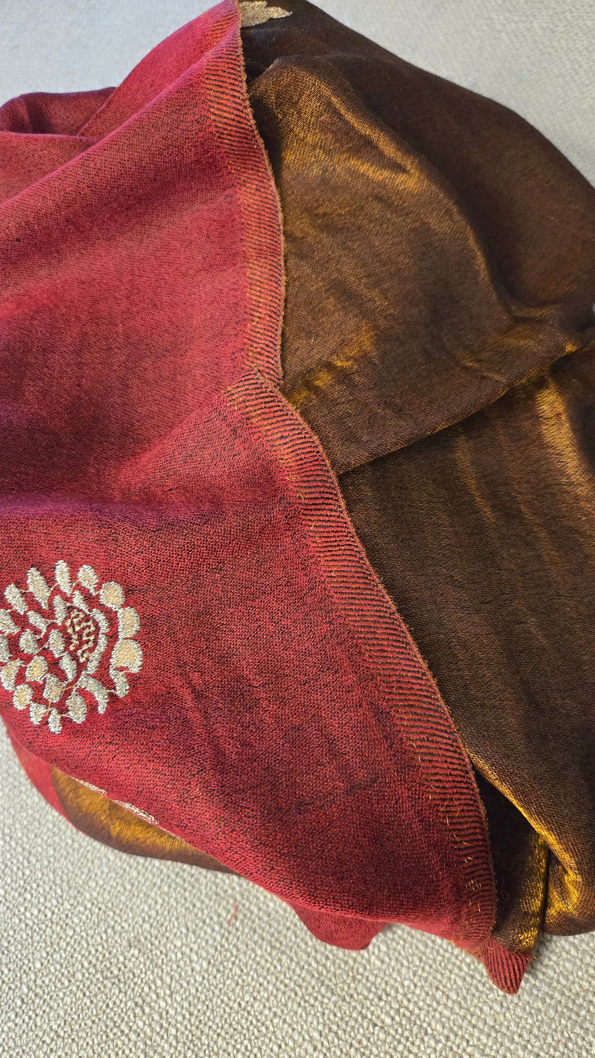 Golden Zari Embroidered Silk Stole in Red Wine & Gold | Two-Tone Lightweight Scarf for Women