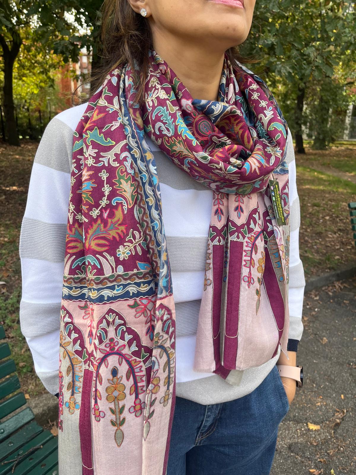 Embroidered Pashmina-Style Wool Shawl in Maroon | Multicolour Floral Digital Embroidery Painted-Look Shawl