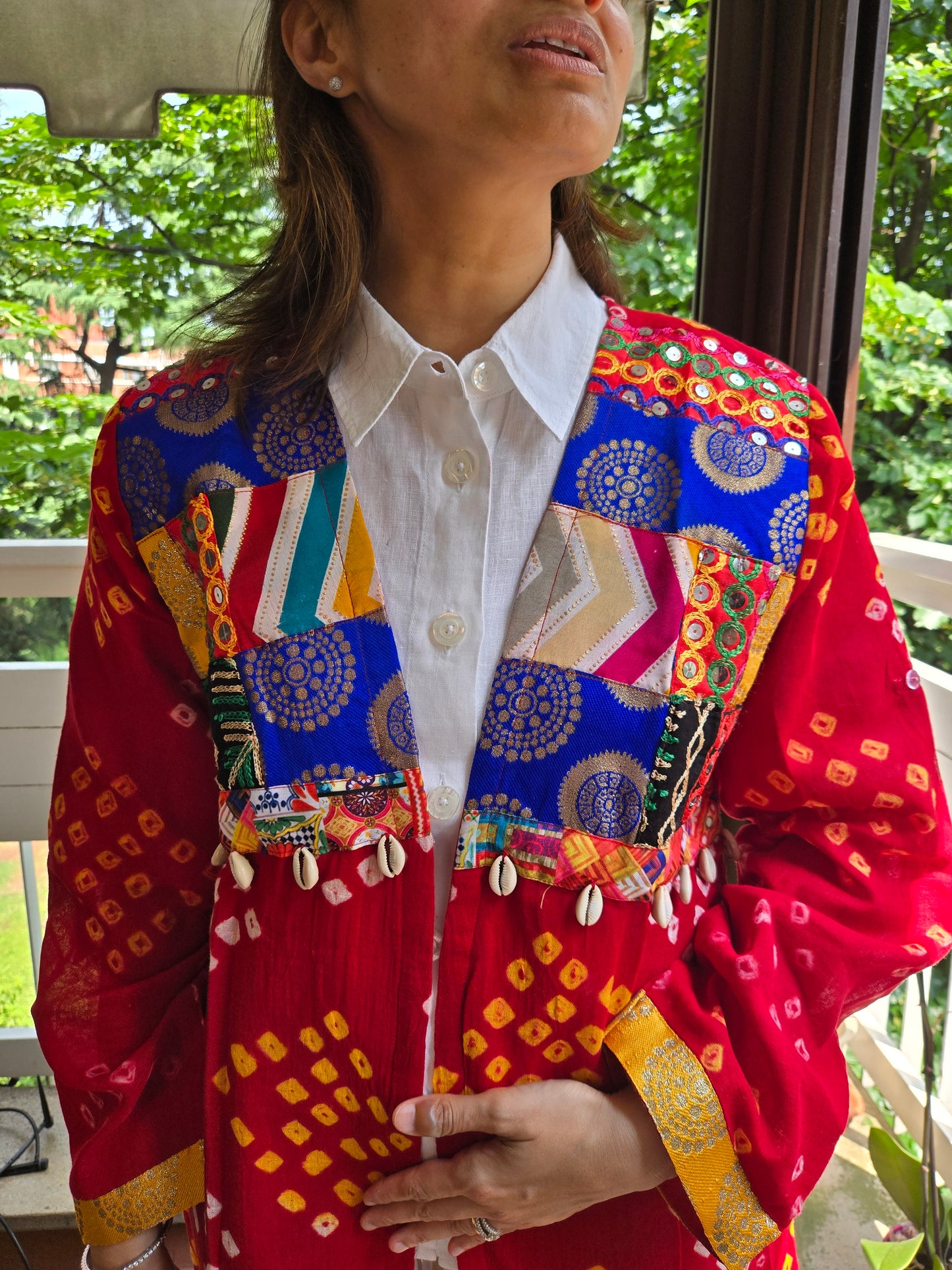 Red Cotton bandhej and patchwork Shrug with hand Embroidery, Long Embroidered  fusion wear for Women