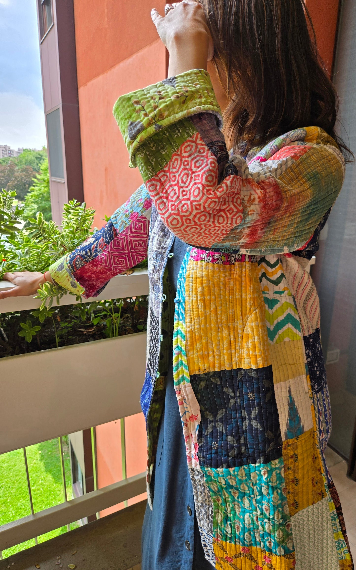Handmade Green Kantha Long Jacket